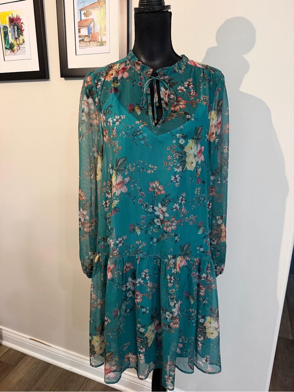 Anthropologie by Maeve Women’s Green Floral Long-Sleeve Tie-Neck Dress M